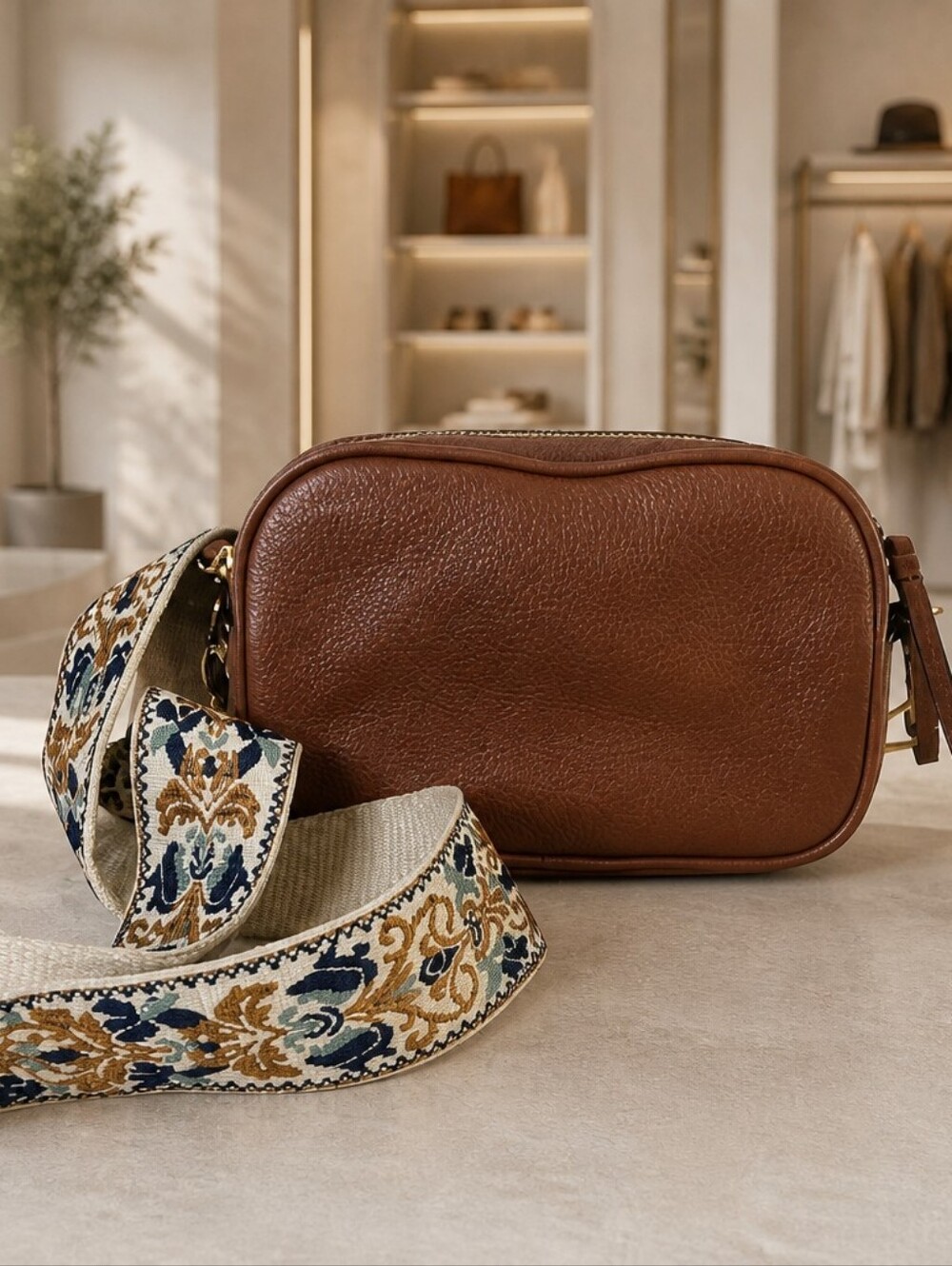 Banana Republic Brown Pebbled Leather Crossbody with Patterned Strap
